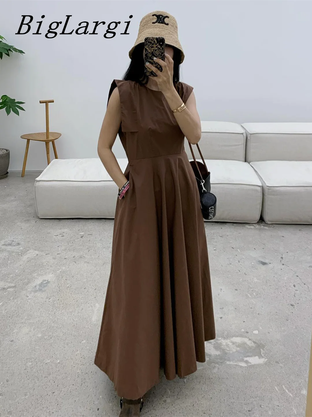 

Summer Cotton Sleeveless Dress Women Stylish Loose Elegant High Waist Pleated Ladies Dresses Vestido Midi Dress Casual Sundress