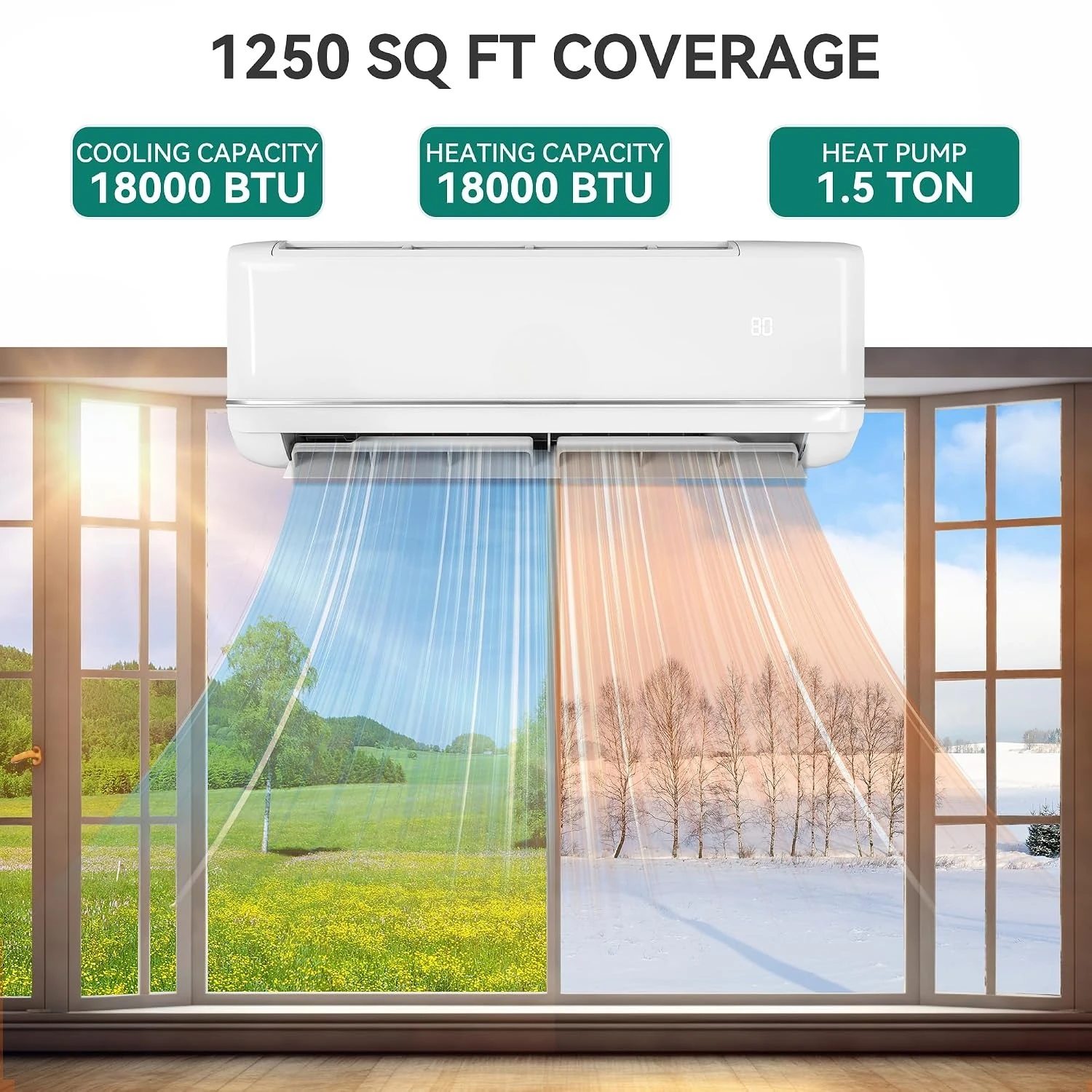 18000 BTU Mini Split AC & Heater, WiFi Inverter 21 SEER2 208-230V Pre-charged Alexa Compatible, 1250 Sq. Ft Cooling, Custom