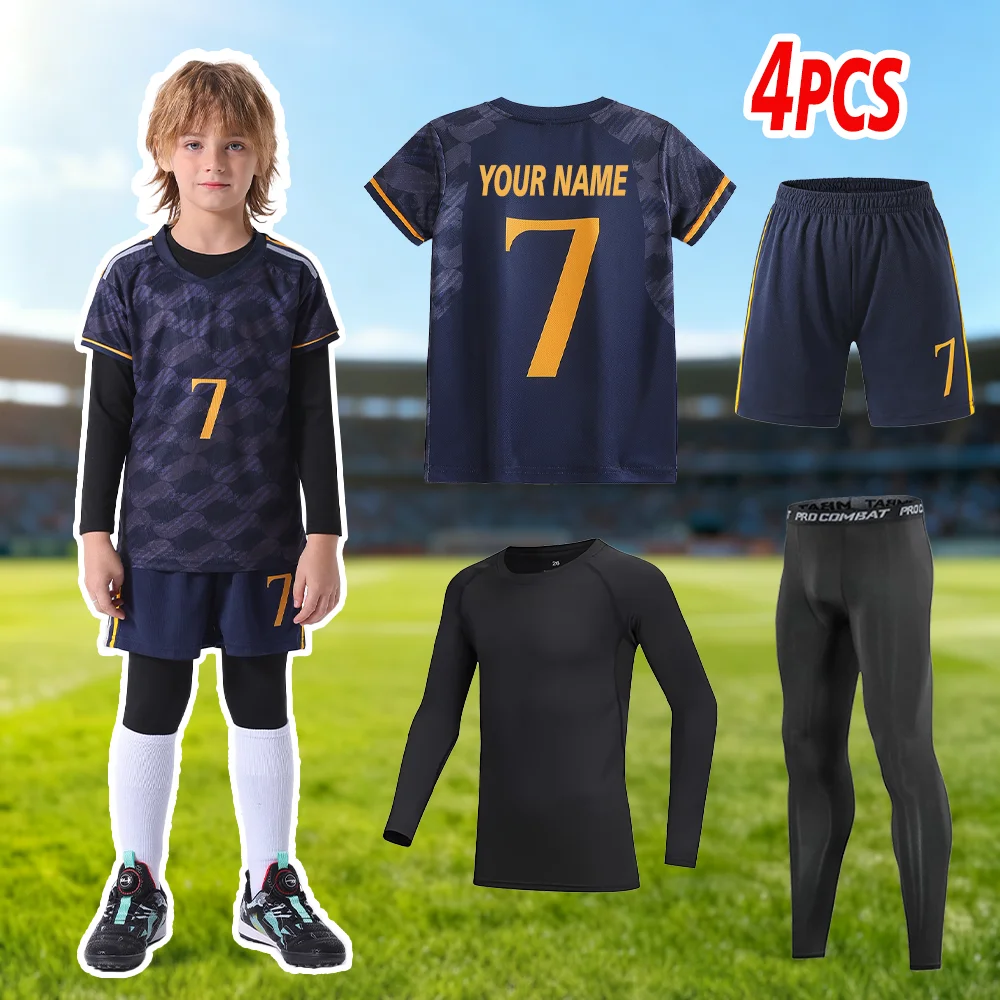 4PCS Football Kids Set No.7 Football Jersey + Short + Black Stretchy Workout Set Breathable Quick-dry Children's Sports Uniforms