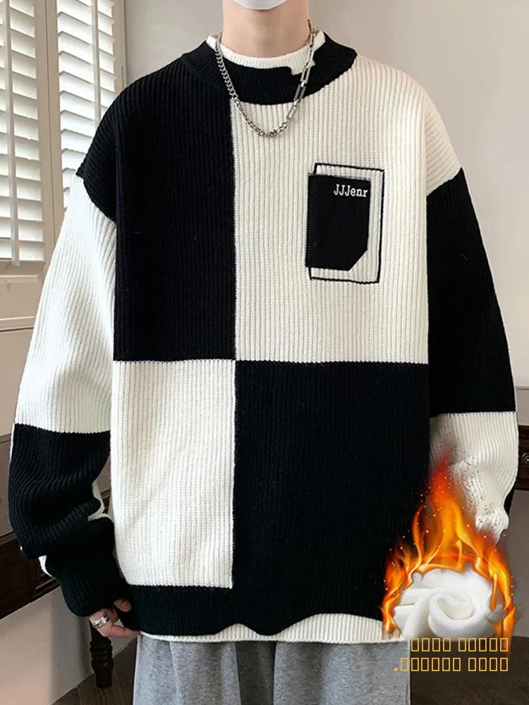 

Мужской вязаный свитер из искусственного трикотажа, имитирующий двухслойный дизайн, с круглым вырезом, на флисовой подкладке, с цветными вставками, повседневный, свободного кроя, длинный рукав