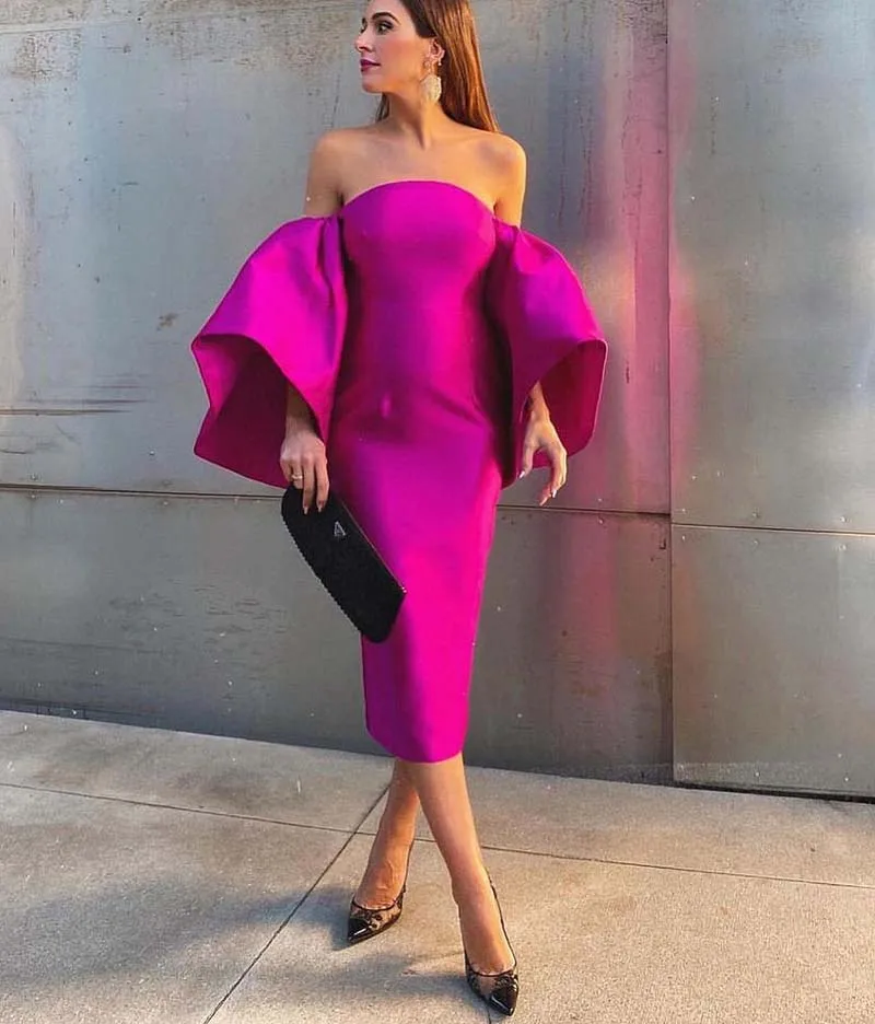 Fuchsia Satin Midi Evening Dress Strapless Flared Sleeve Prom Gown Formal Women Special Occasion Party Dresses Robe de Soiree