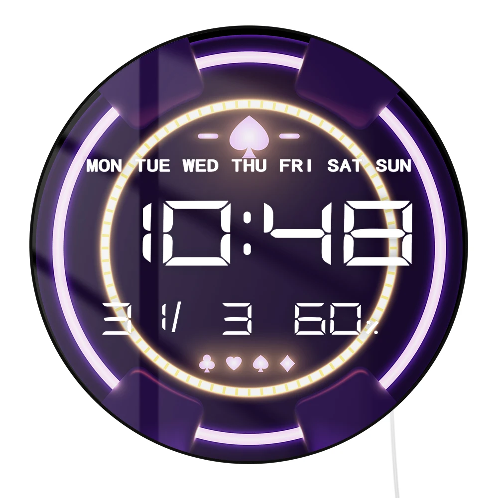 Casino Gambling Poker Chip Electric Wall Clock Large LED Digital Display with Temperature Humidity Date Calendar 12/24hr Format