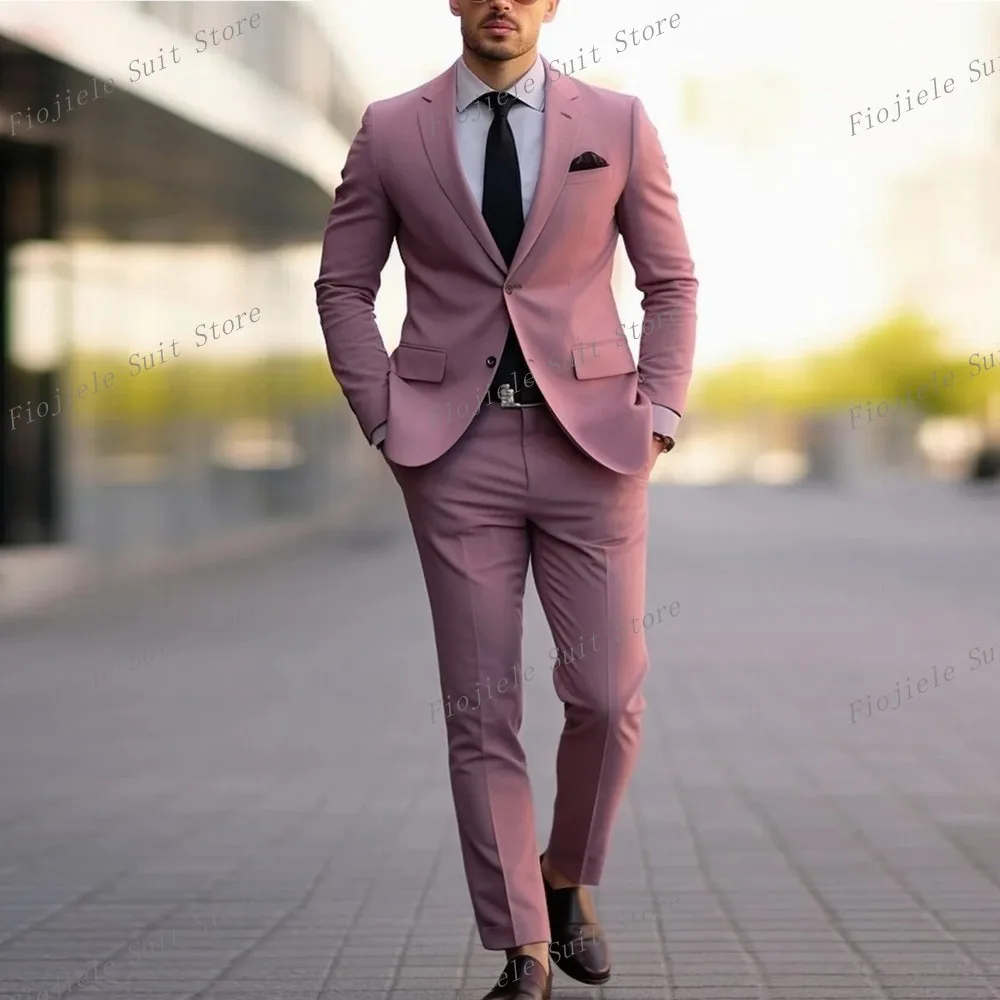 Pink Men Business Suit Groom Groomsman Tuxedos Prom Wedding Party Formal 2 Piece Set Jacket And Pants