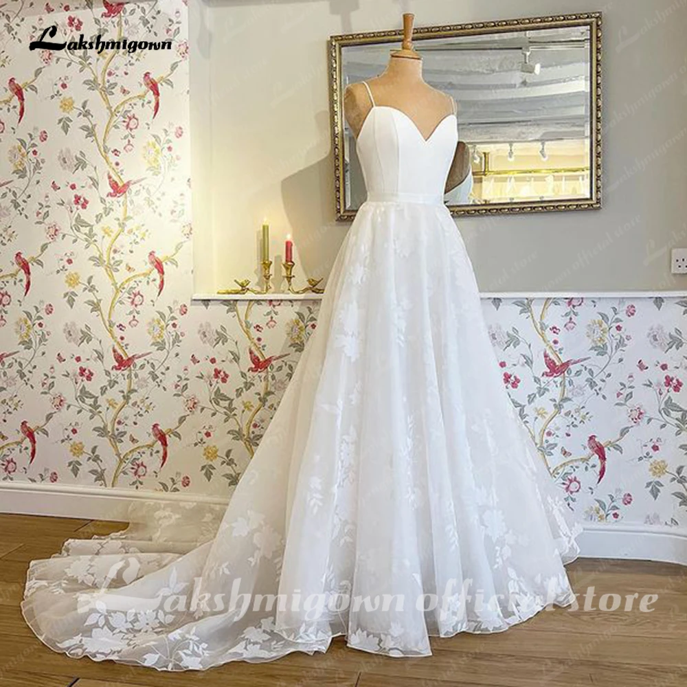 Lakshmigown Boho Blumen-Spitzen-Hochzeitskleid mit Spaghettiträgern und V-Ausschnitt, Brautkleid mit Schleppe, Maßanfertigung, Vestido De Noiva – Detail 6