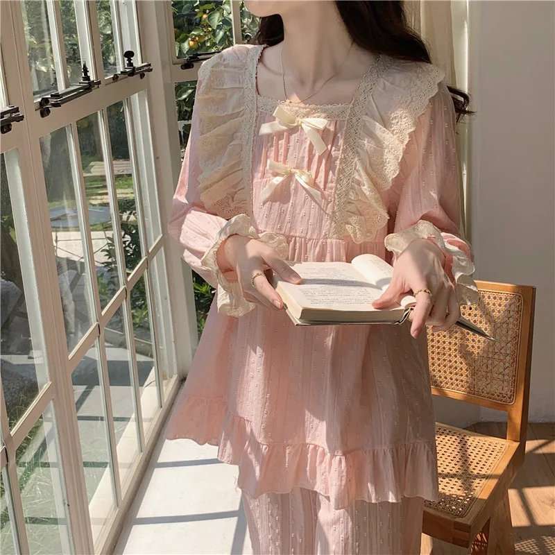 Lace Cotton Pink Cute Summer Long Sleeve Pajama Set Women Girlish Style Princess Sleepwear Solid Elegant Casual Simple Sleep Top