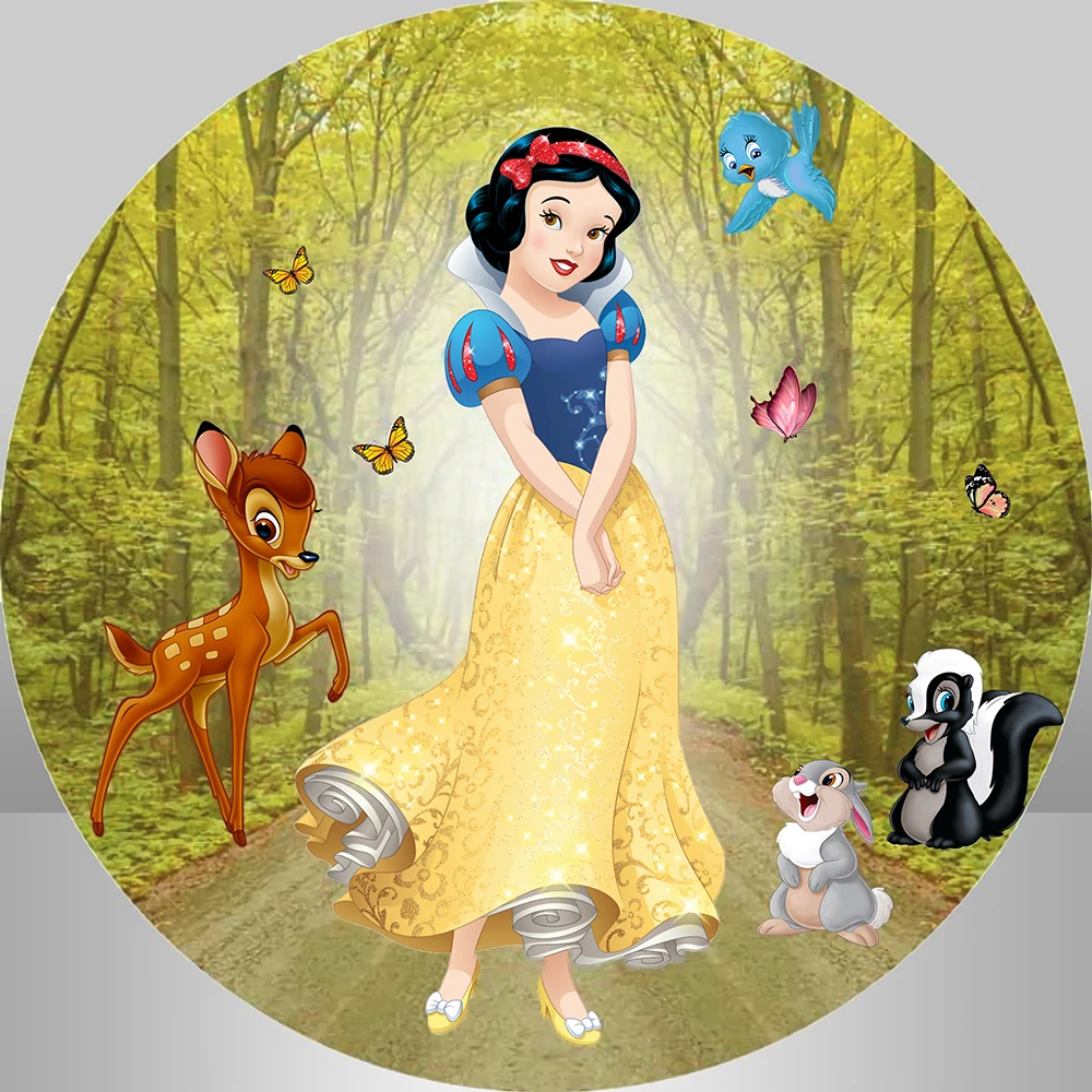 Cartoon Snow White Princess Birthday Round Circle Backdrop Cover Bambi Photo Background Seven dwarfs Pedestal Cylinder Covers