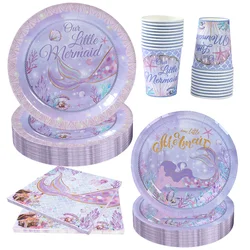 Mermaid Birthday Disposable Tableware Girl 1st Birthday Party Decoration Little Mermaid Birthday Under The Sea Baby Shower Decor