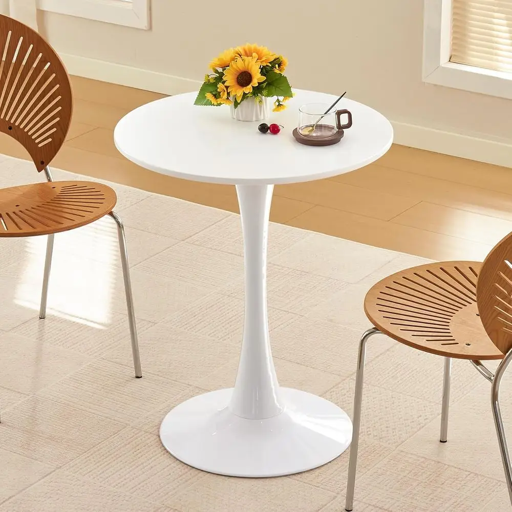

24 Round Tulip Table with Thickened White Tabletop and Metal Pedestal for Bistro, Kitchen, and Small Living Spaces