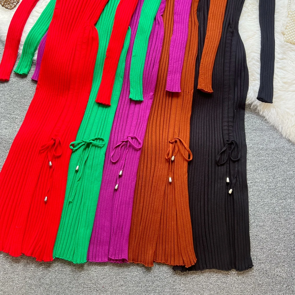 YuooMuoo シックなファッションセクシーなラップヒップスプリットニット秋ドレス女性スリム弾性巾着ボディコンロングドレスストリートレディ