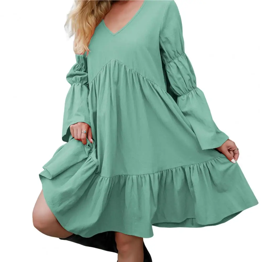 V Neck Long Sleeve Solid Color Autumn Dress Pullover Soft Solid Color Large Ruffled Hem Boho Dress Female Clothing