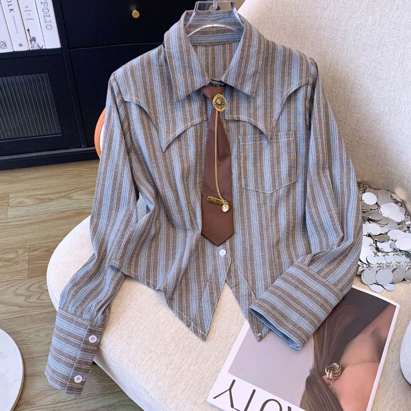 

Striped Shirt for Women in Spring and Autumn Irregular Waist-hugging Comic Waist Tie Long Sleeve College Style Short Top Trendy