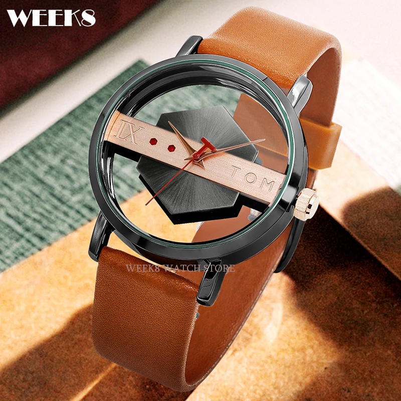 

Concept Couple Watch Creative Half Transparent Unisex Watch for Men Women Lovers Simple Leather Wristwatch Fashion Quartz-watch