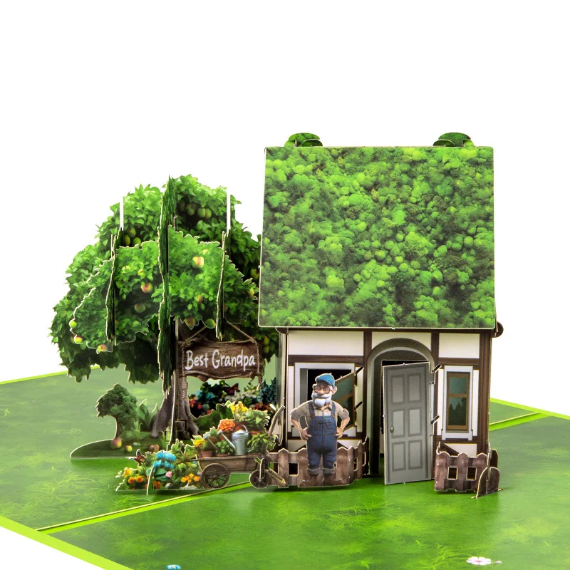

2Pcs New Grandpa Green House 3D Pop-Up Birthday Card Best Grandpa Greeting Card with Paper Sculpture