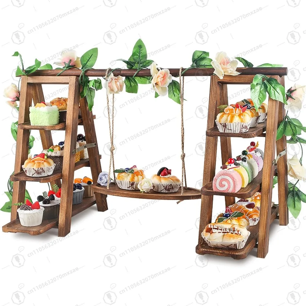 Wooden 3 Tier Cupcake Stand with Floral Swing Removable Trays Foldable Serving Platter for Party Dessert Buffet Display