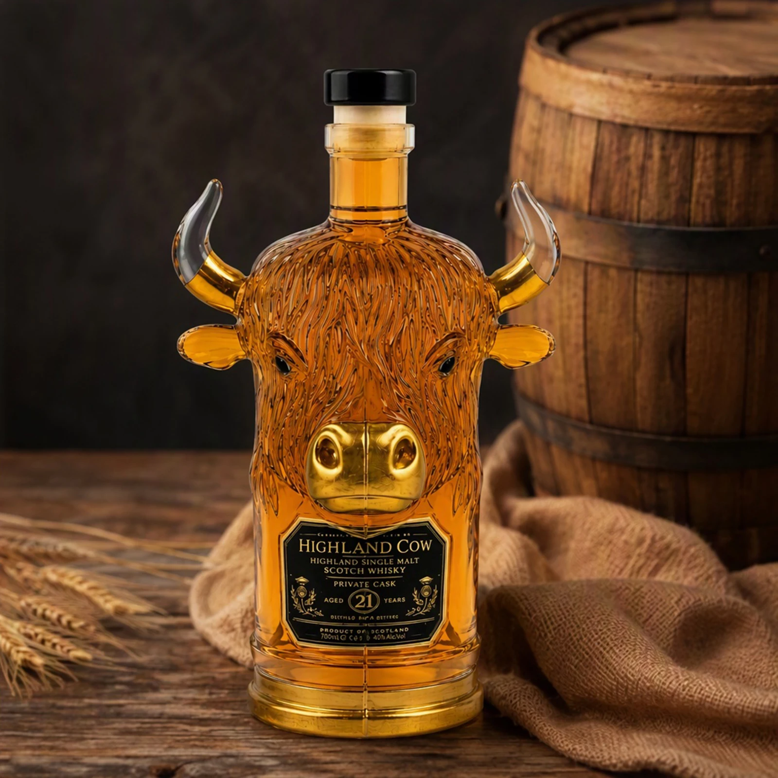 Novelty Glass Highland Cow Whisky Bottle Desktop Ornament Decanter Bar Sculpture Figurine