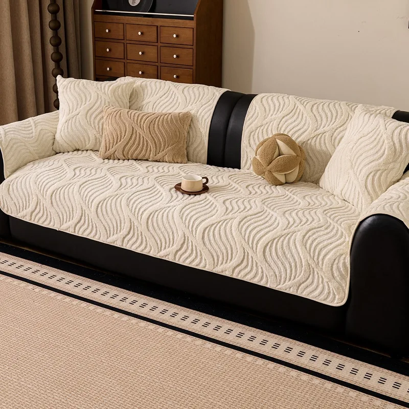 Plush Water Ripple Sofa Cushion for Winter Thick Solid Anti Slip Couch Cover for Living Room Super Soft Warm Sofa Pad for Home