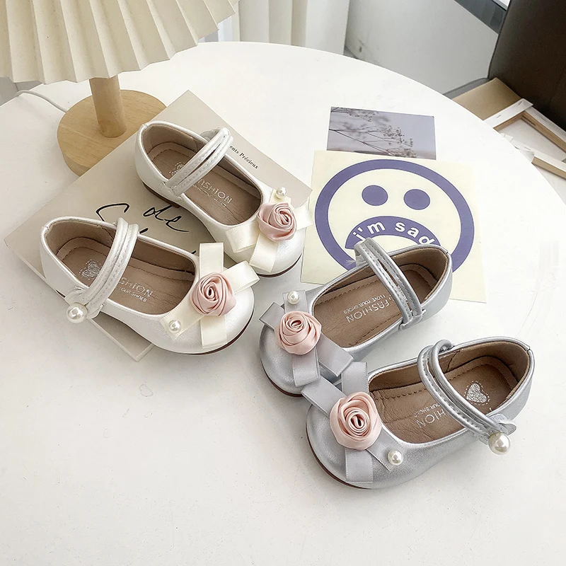 Girls Shoes Flower Sweet Bowknot Autumn Princess Kids Leather Shoes Wedding Lovely Beige Sliver Children's Flat Shoe 23-34