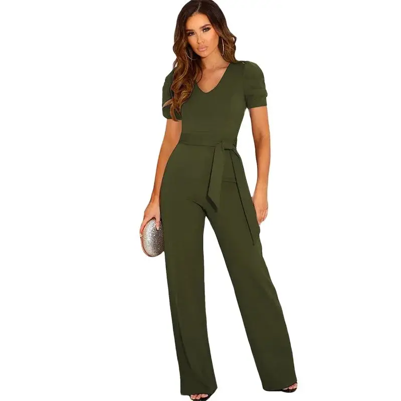 

TRAF Summer Europe and America New Lace-up Slim Waist Jumpsuit Women's Solid V-neck Short Sleeve Wide Leg Pants