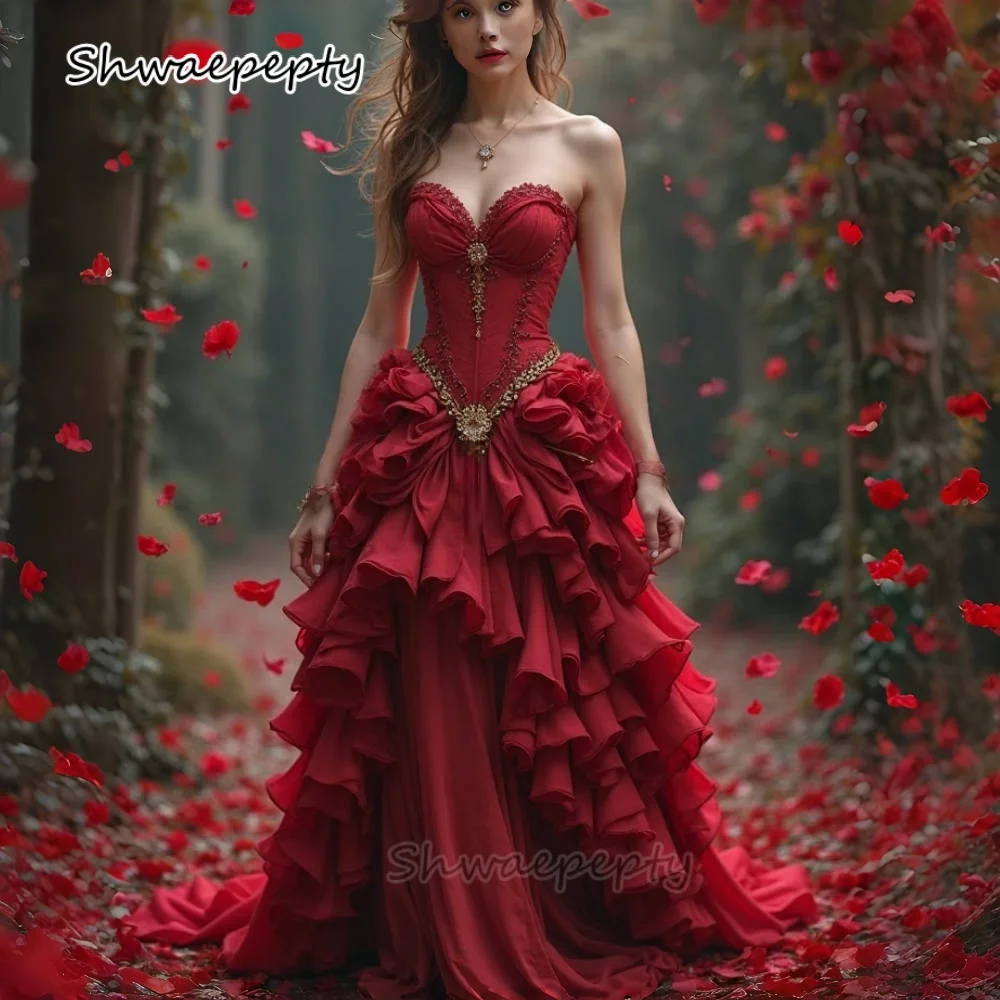 

Vintage Victorian Ruffle Red Prom Dress Sweetheart Corset Lace-Up Elegant Evening Gown Red A-Line Formal Wear Customized
