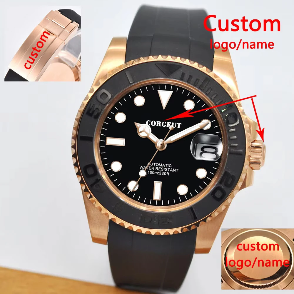 โลโก้ที่กําหนดเอง Luxury Sapphire คริสตัล NH35 Miyota อัตโนมัตินาฬิกา Rose นาฬิกาผู้ชาย 10Bar ว่ายน้ําวันที่ชายนาฬิกา