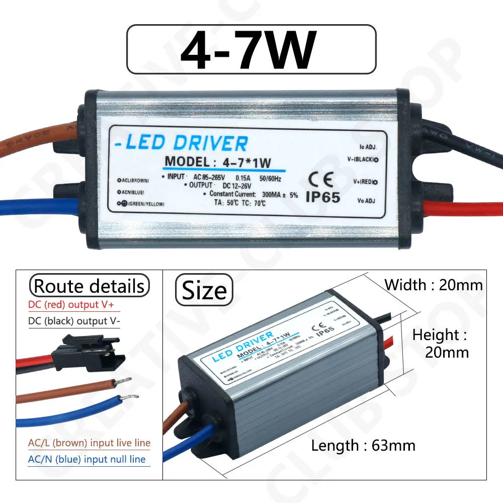 Sterownik LED 1-3W 4-7W 8-12W 12-18W 18-25W 25-36W transformator adapterowy AC85V-265V wodoodporny zasilacz IP65 300mA do oświetlenia panelowego