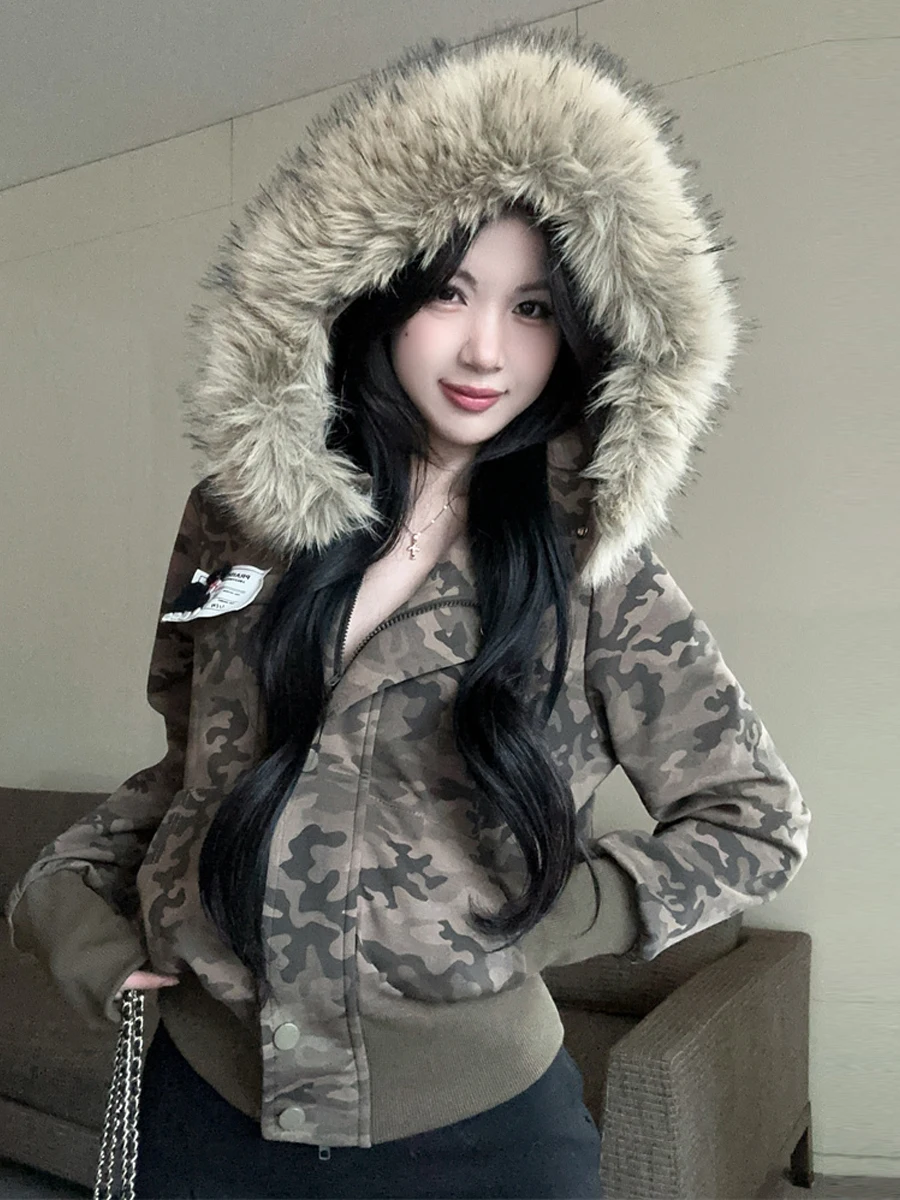 American Retro Hooded Furry Design Camouflage Print Short Jacket Zipper Button Slimming Effectiveness Sensation Top Women's F...