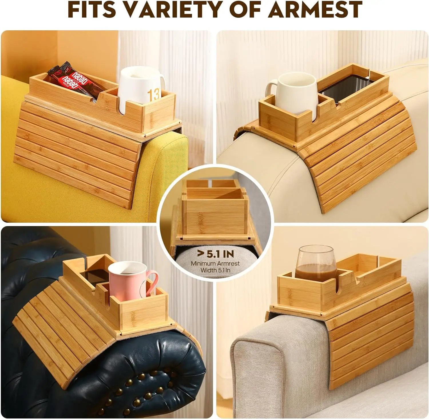！@Combohome Non-Slip Foldable Phone Rest Armrest Clip on Sofa Arm Tray Bamboo Couch Drink Holder Tray
