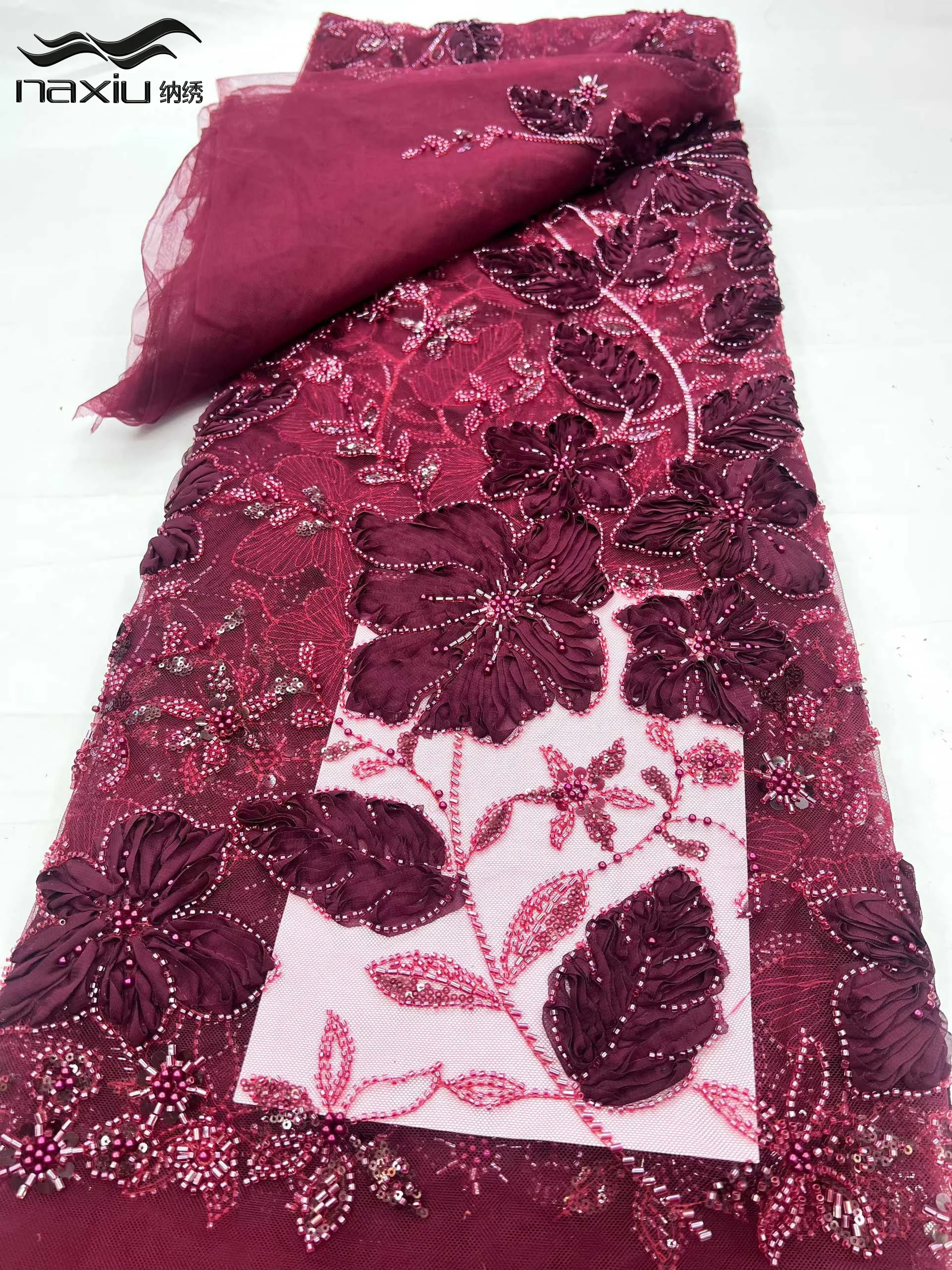 

Madison Red African Fabric Fashion Hot Sale 3D Embroidery Sequins Lace with Beads Rich Nigerian Fabric for Evening Party Dress