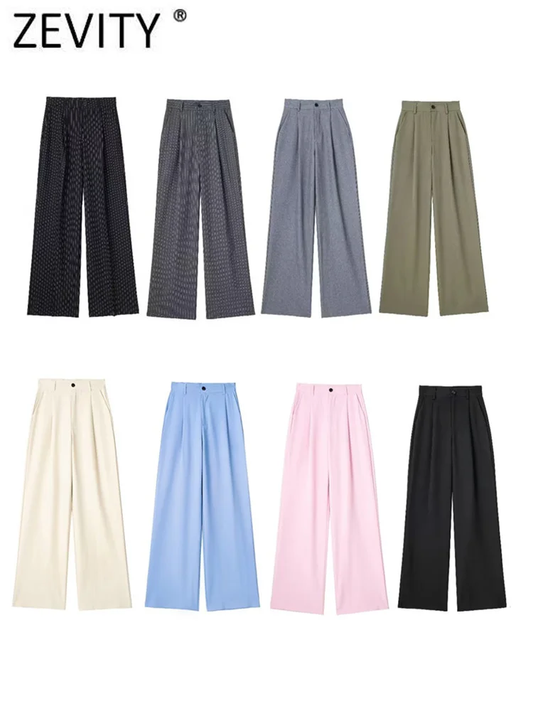 ZEVITY Women Fashion Solid Color Front Pleat Casual Straight Pants Office Lady High Waist Side Pocket Long Trousers Mujer P3917