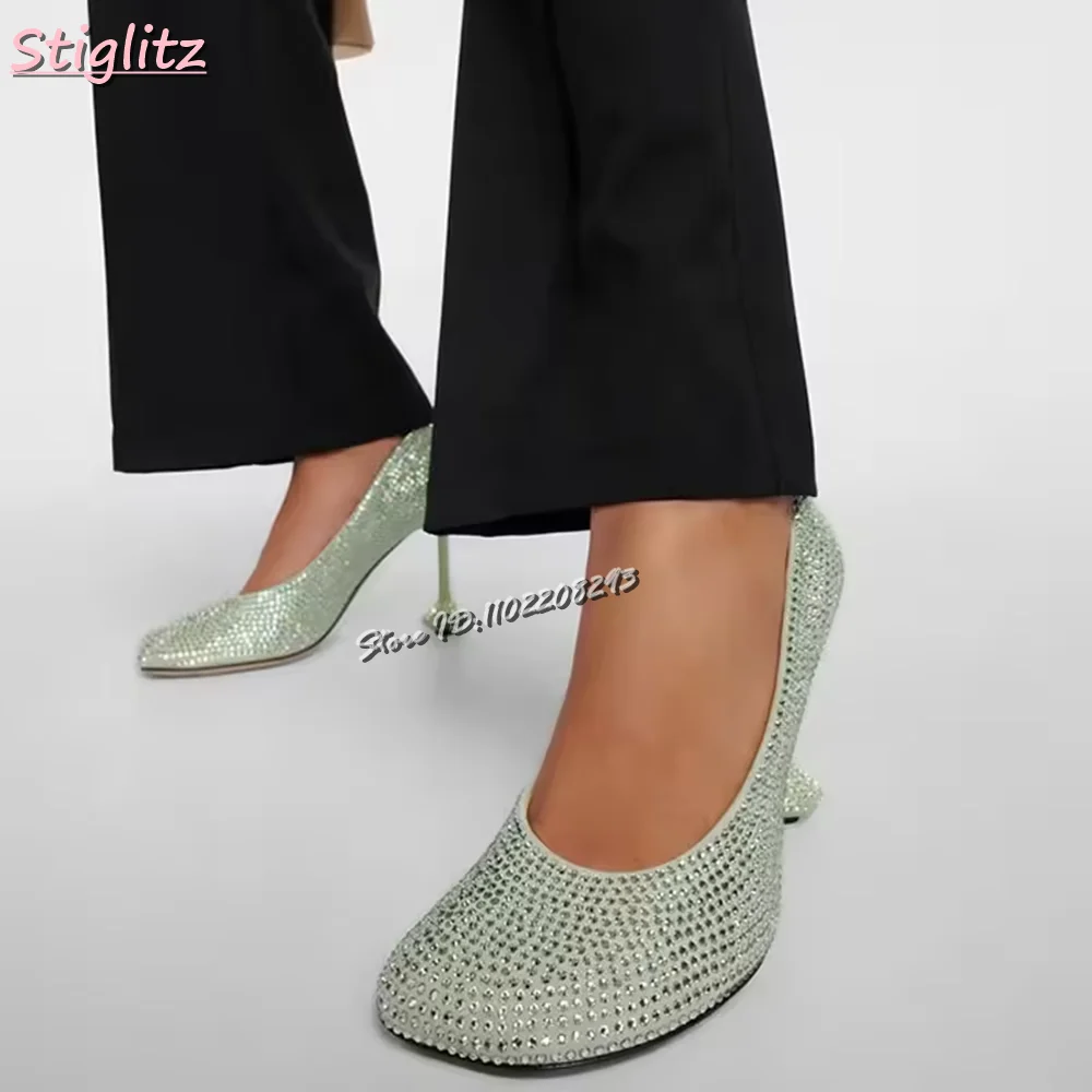 Sexy Crystal Strange Style Pumps Round Toe Rhinestone Shallow Special-shaped High Heels 2025 New Summer Party Dress Women Shoes