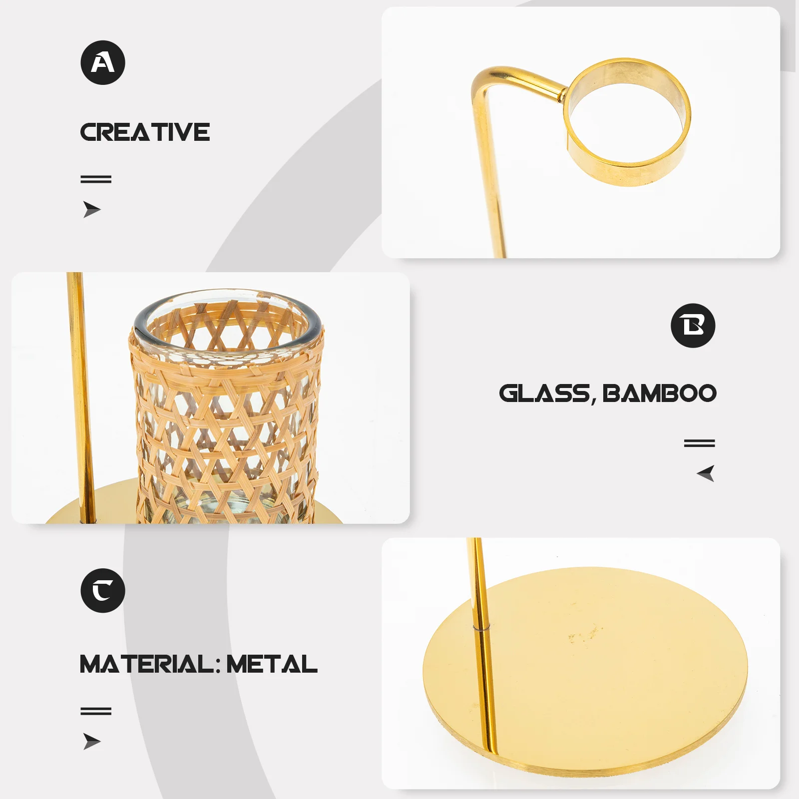 

1 Set Bamboo Woven Vase Glass Cup With Metal Stand For Hydroponic Plants Fresh Dried Flowers Desktop Garden Decoration Flower