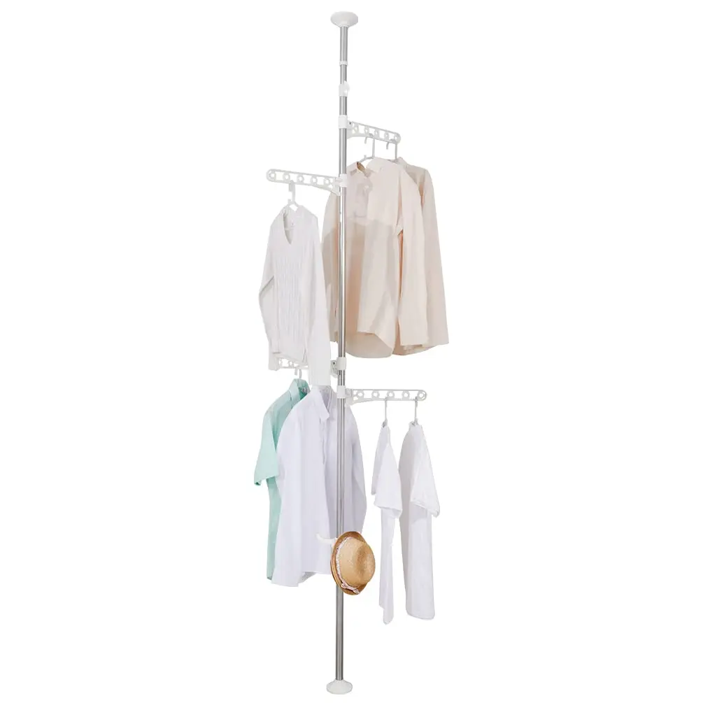 

Telescopic Floor To Ceiling Clothing Drying Rack With 4 Rotating Arms And Hook, Metal Tension Pole Organizer For Coats And