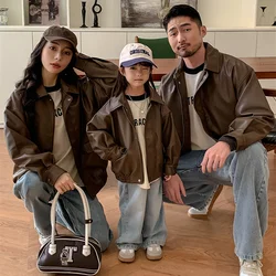 2024 New Family Clothes Autumn Winter Fashion Korean Mother Father Children Matching Pu Leather Jacket Mom Dad Son Daughter Sets