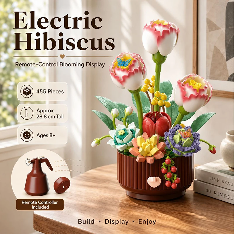 Dynamic Building Block Flower Electric Assembly Rose Bouquet Fairy Atmosphere High-end Decoration For Girl Handmade Wedding Gift