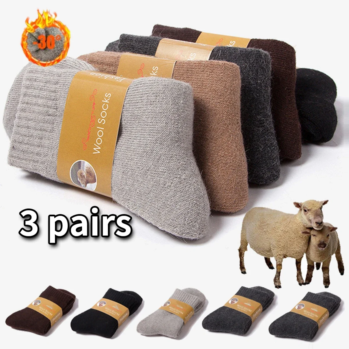 3Pairs Men's Winter Super Thick Thermal Socks Wool Men Women Solid High Quality Merino Wool Socks Cold Snow Warm Wool Socks