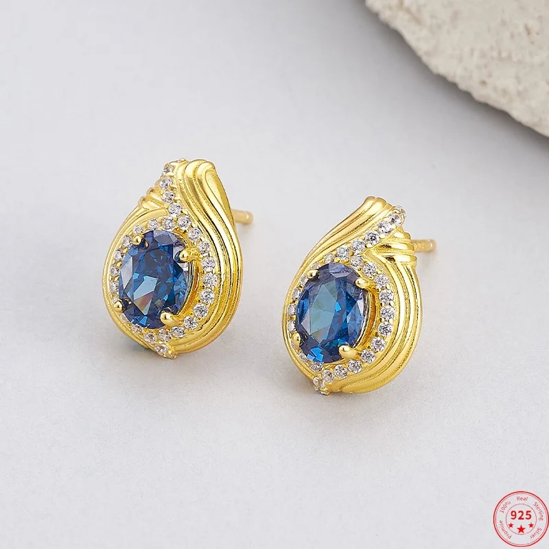 

S925 Sterling Silver Charms Studs Earrings for Women Contrast Colored Pattern Blue Zircon Ear Studs Fashion Jewelry Wholesale