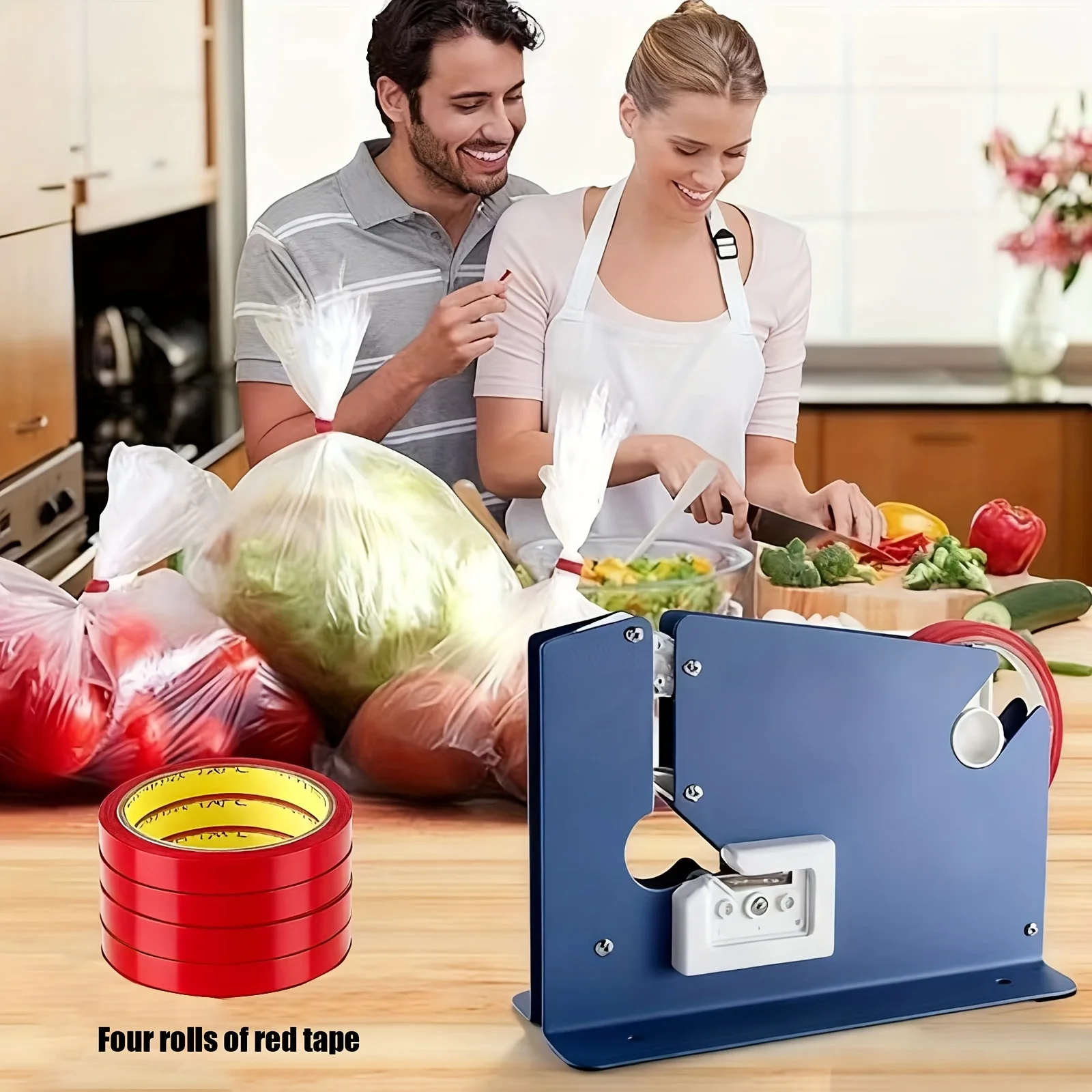 Sellador de bolsas de cinta de acero con cinta de sellado de 4 bolsas, sellador de bolsas de plástico, sellador de bolsas de polietileno para carne, pastel, pan, glaseado, dispensador de sellado