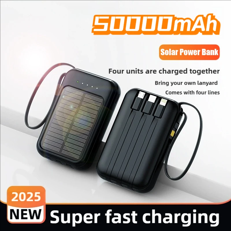 

Solar Power Bank Built 4 Cables Portable Charger External Spare Battery Mini Powerbank with LED Light for IPhone Xiaomi Huawei