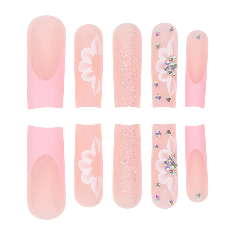 24 pieces of coffin shaped pink French style flower dot diamond glossy false nails suitable for daily use (1 jelly gel+1 rubbing