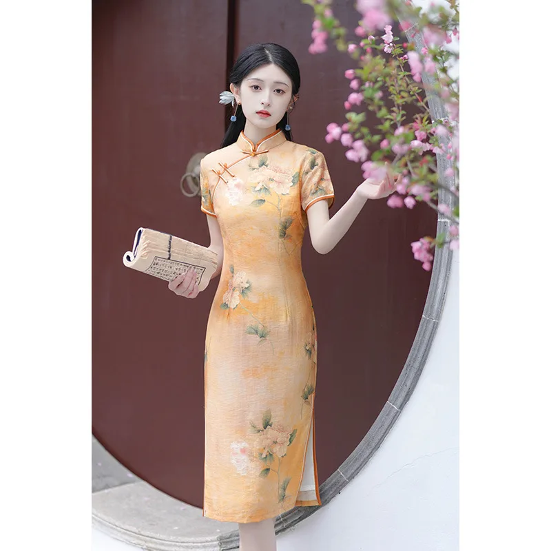 Elegant Women Print Flower Wedding Dress Oriental Bride Mandarin Collar Evening Qipao Short Sleeve Cheongsam