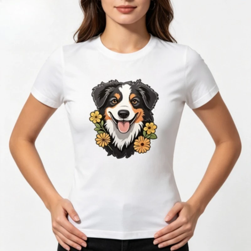 Women Slim‑fit Round Neck Short‑sleeve T‑Shirt Cute Australian Shepherd Dog With Yellow Flowers Graphic Casual Female Tops