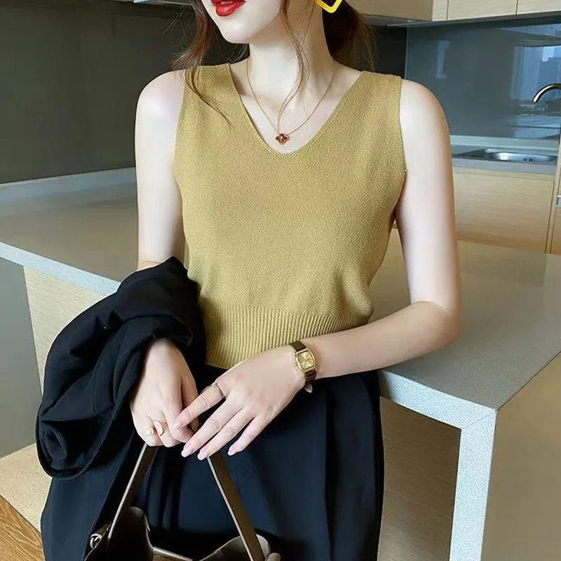 2024 New Summer Office Lady Simplicity Oversized High Waist Tank Top for Women Solid Knitting V Neck Sleeveless Y2K Chic Tops