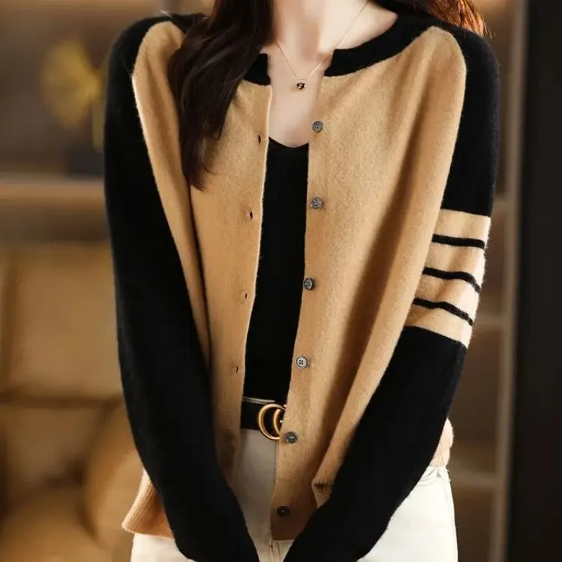 Korean Fashion Women Striped Long Sleeve Cardigan Sweater Spring Autumn New Contrast Loose Basic Casual Versatile Knitted Coat