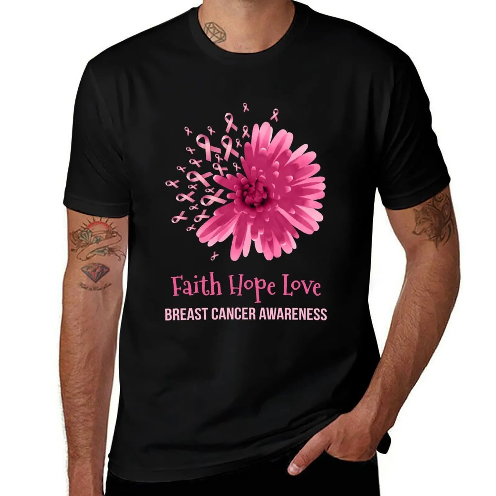 

Flower Faith Hope Love Breast Cancer Awareness T-Shirt t shirts for man slim fit cotton tshirt 100% T-Shirt