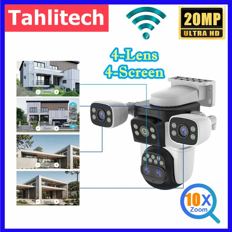 20MP 4 Screens WiFi Security Camera Outdoor 10X Optical Zoom Four Lens Human Auto Tracking Waterproof CCTV Cameras