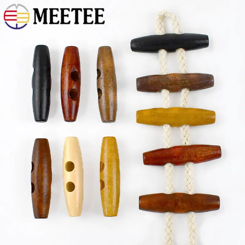 50pcs Meetee Wooden Buttons 30-60mm 2 Holes Natural Wood Horn Toggle for Wool Sweater Coat Bags Garment Accessories C1-27
