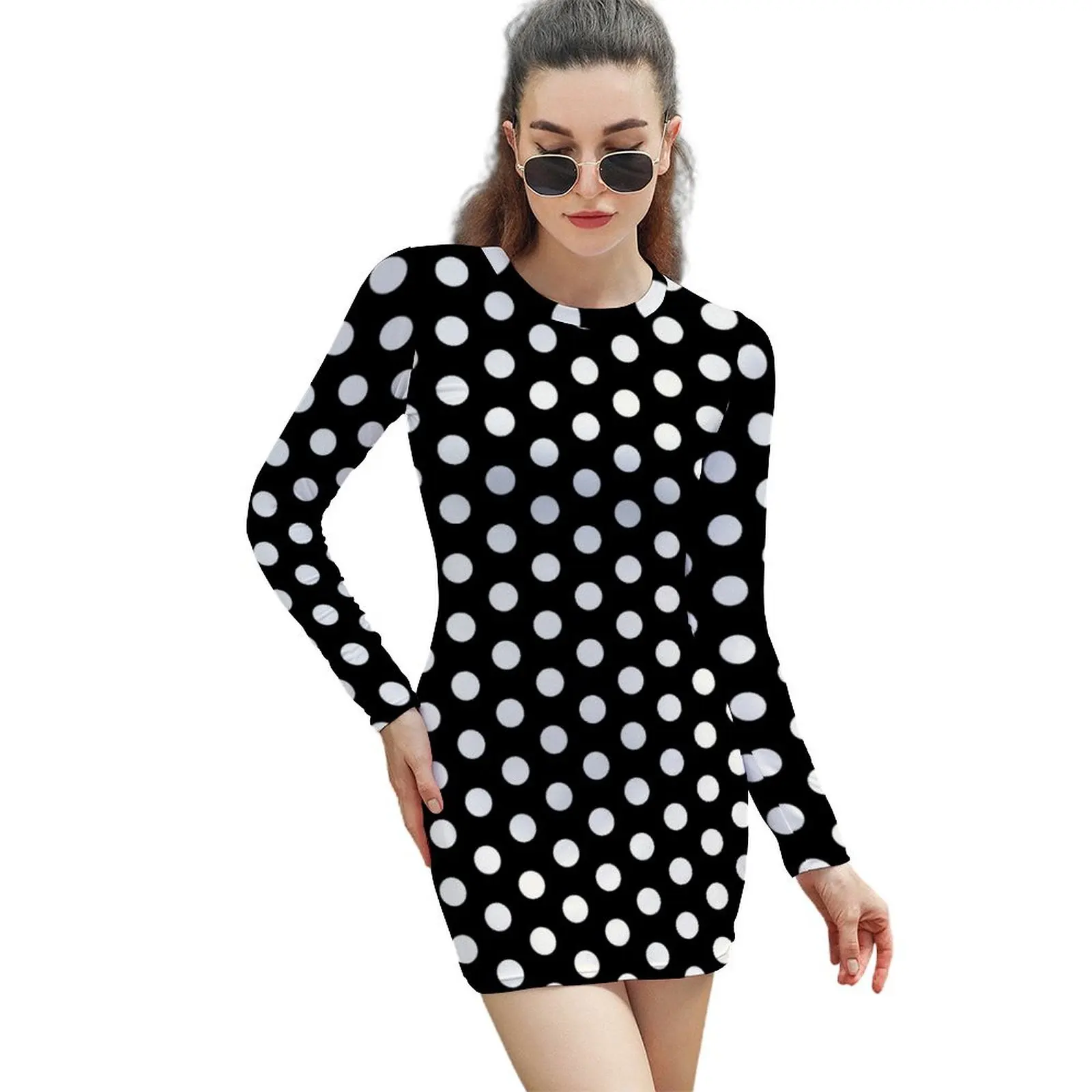 

Vintage Polka Dot Dress - Black and White Circles Long-Sleeved Sheath Dress women dress summer clothes