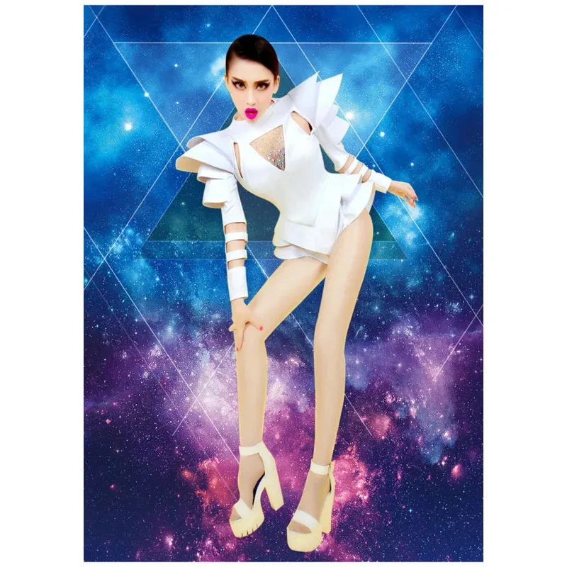 

Новые женские джазовые танцевальные костюмы для диджеев, белое боди со стразами, сценическая одежда для выступлений, ночной клуб, бар, вечеринка, шоу, женская певица QN061020