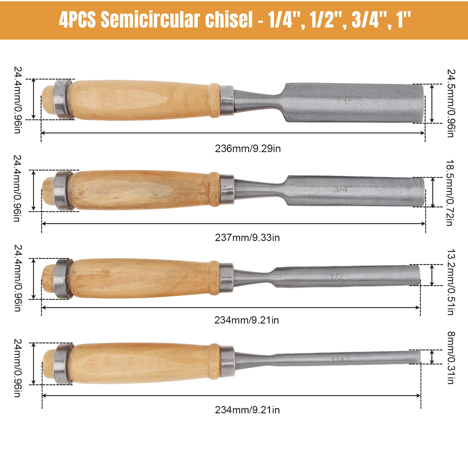 4pcs Semicircle Inner Edge Wood Carving Chisel Woodworking Gouge Hand Chisel Tools Set for Carpenter / Hobbyists /Personal DIY