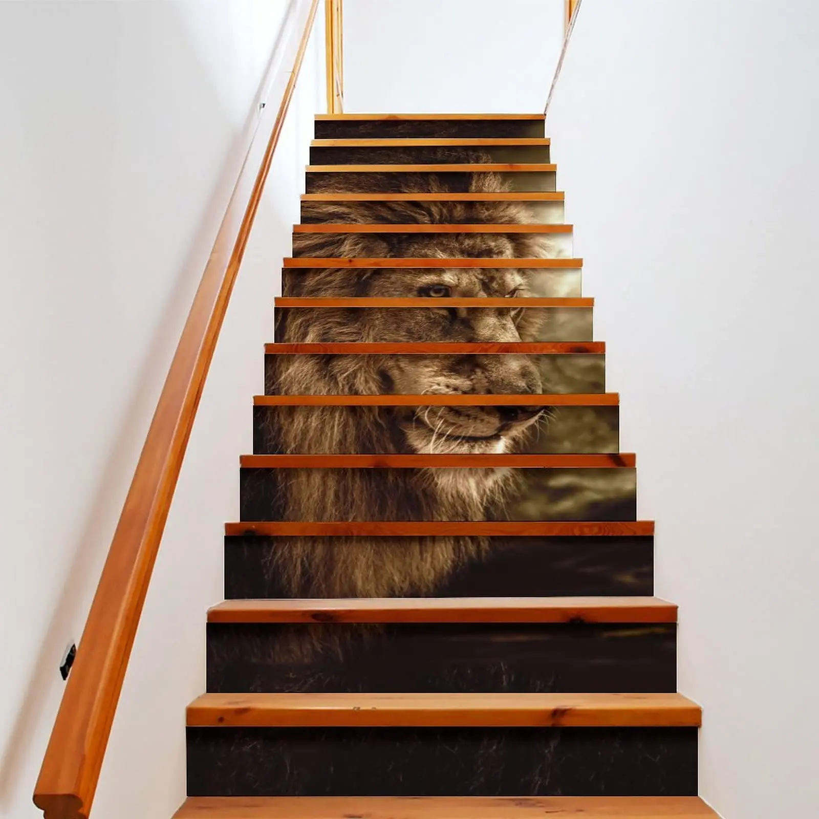 Lion Stair Stickers Watercolor Animal Stair Risers Decals Wildlife Staircase Murals Stickers for Home Steps Decor Self-Adhesive